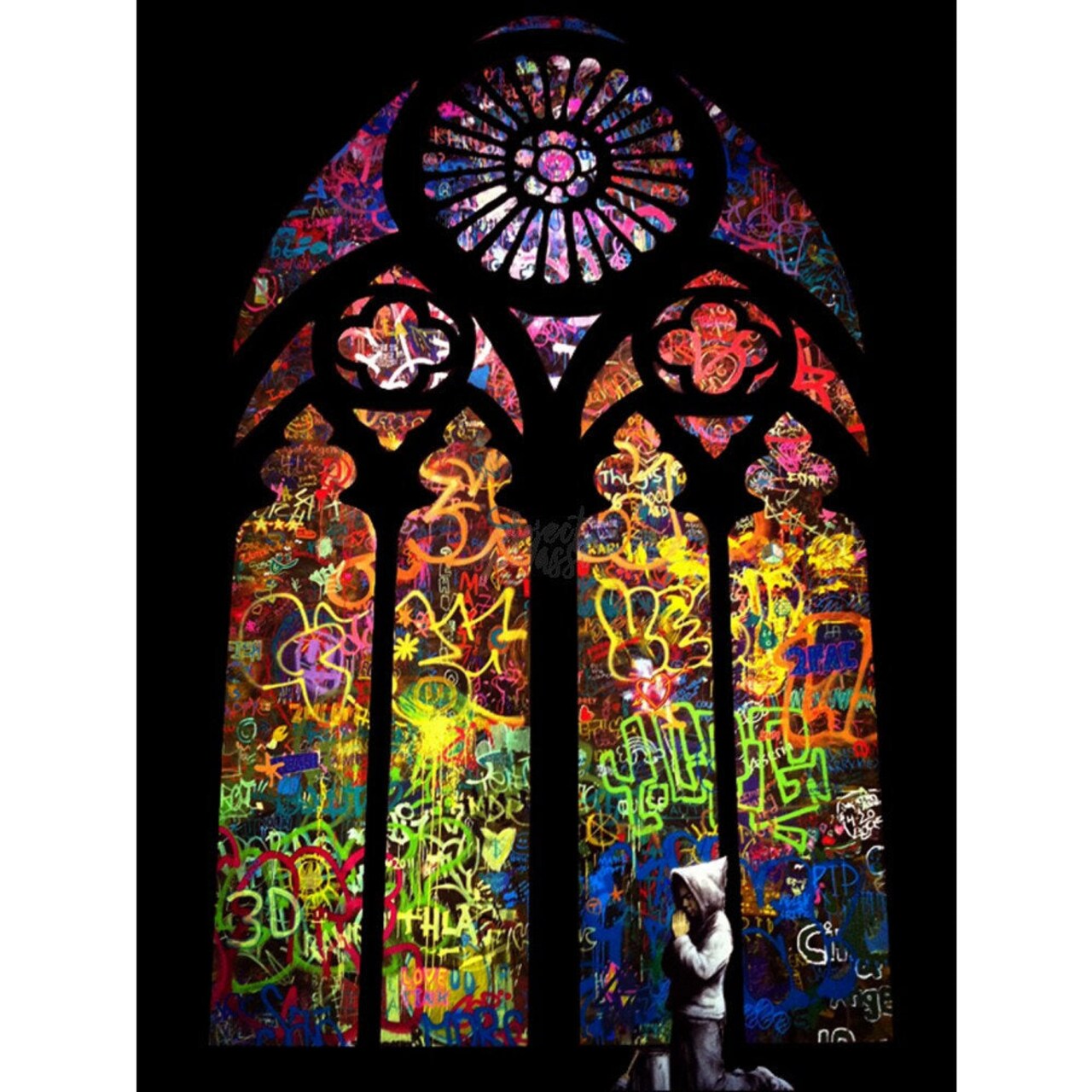 Banksy-Inspired Stained Glass Window Canvas Art for Urban Decor
